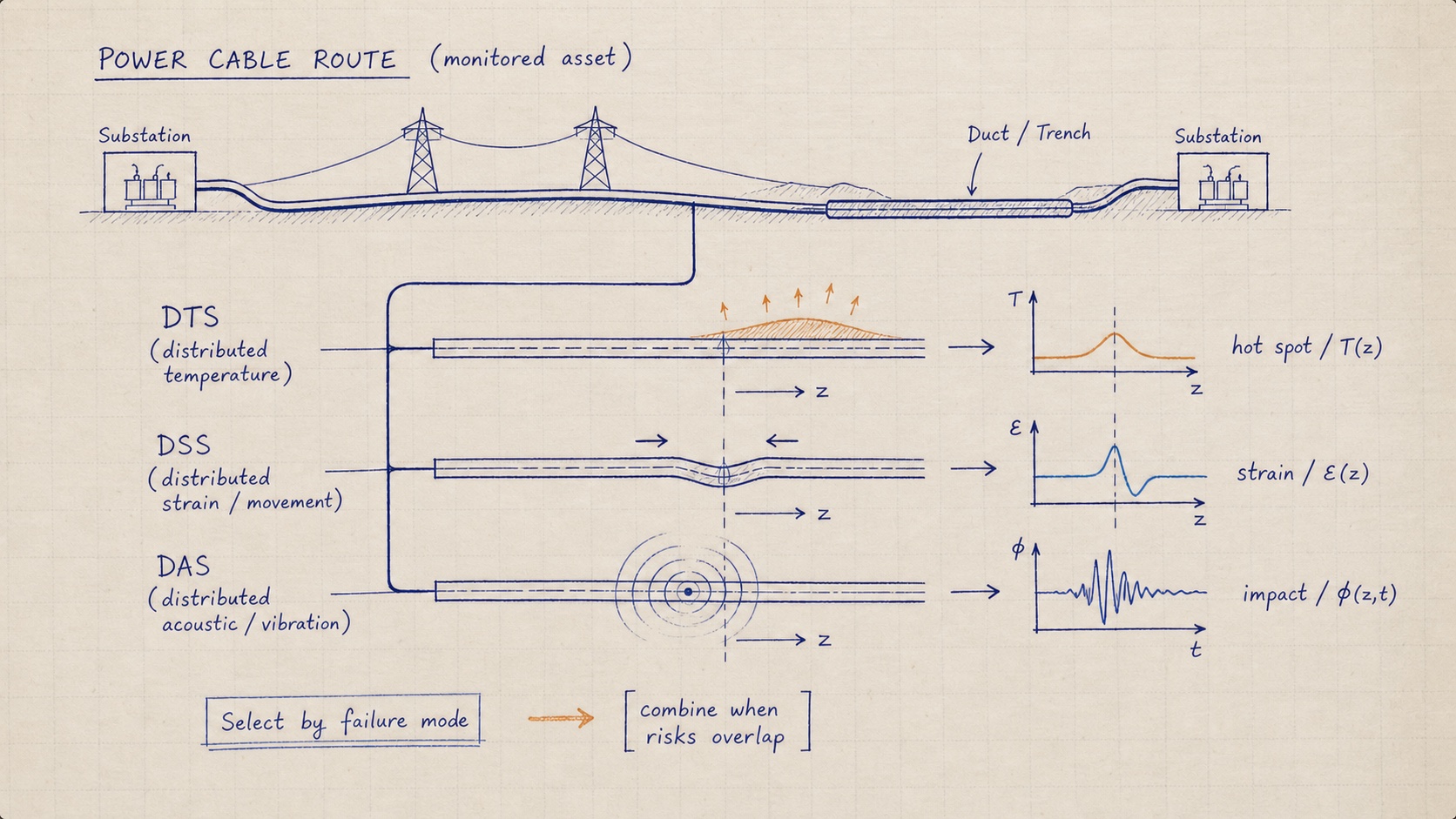 Hand-drawn DTS, DSS and DAS selection logic for a monitored power cable route