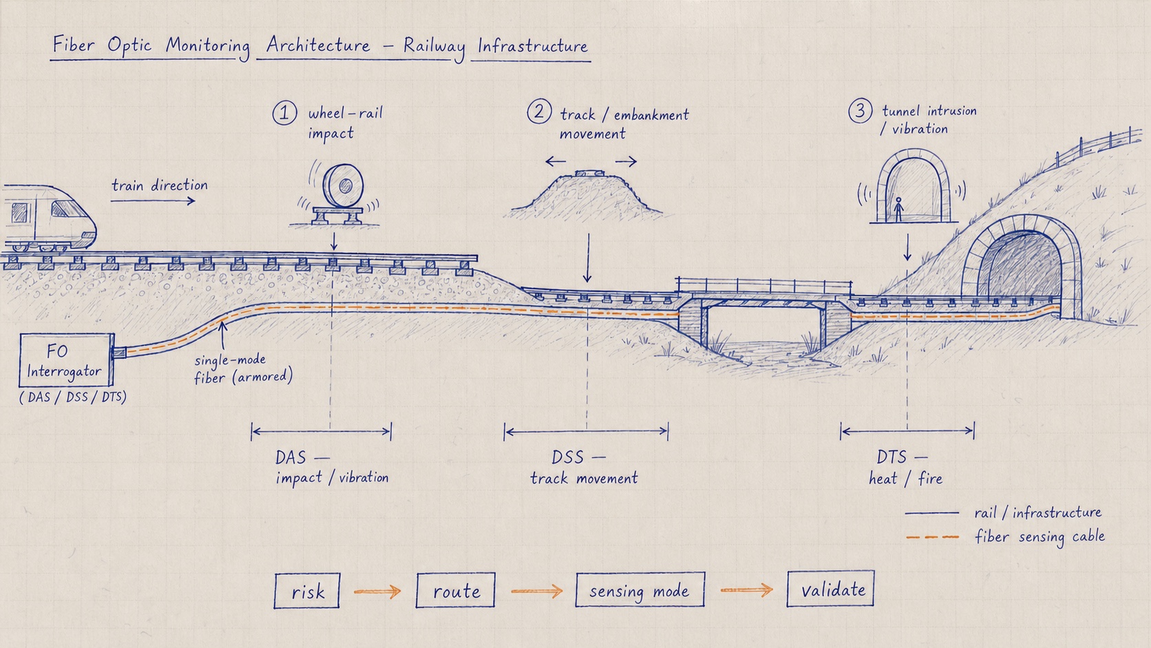 Hand-drawn fiber optic sensing architecture across railway track, bridge and tunnel assets