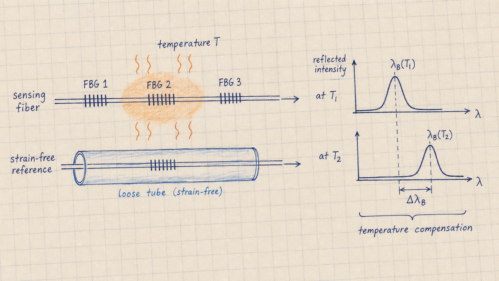 Engineer hand-drawn UW-FBG temperature response and strain-free reference concept