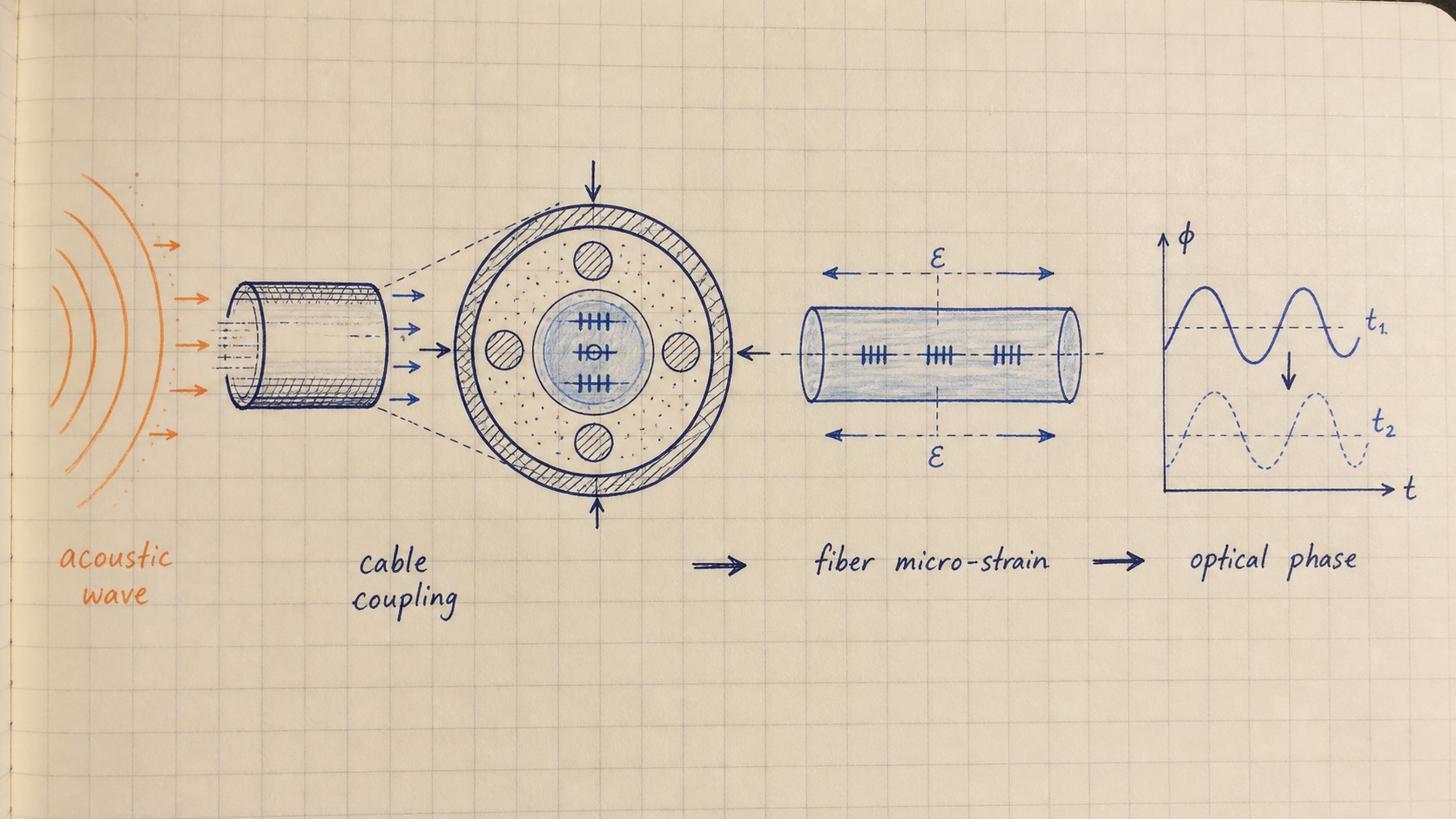 Engineer hand-drawn acoustic wave, cable coupling, fiber micro-strain and optical phase response