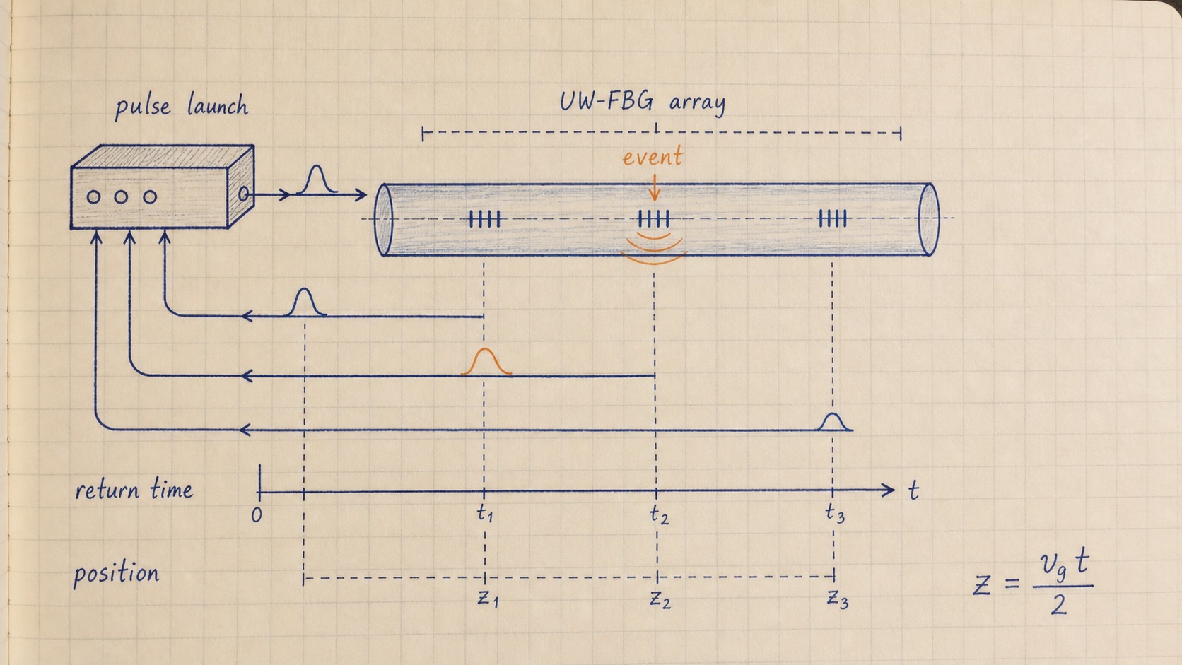 Engineer hand-drawn diagram showing UW-FBG event localization from reflected optical signal return time.
