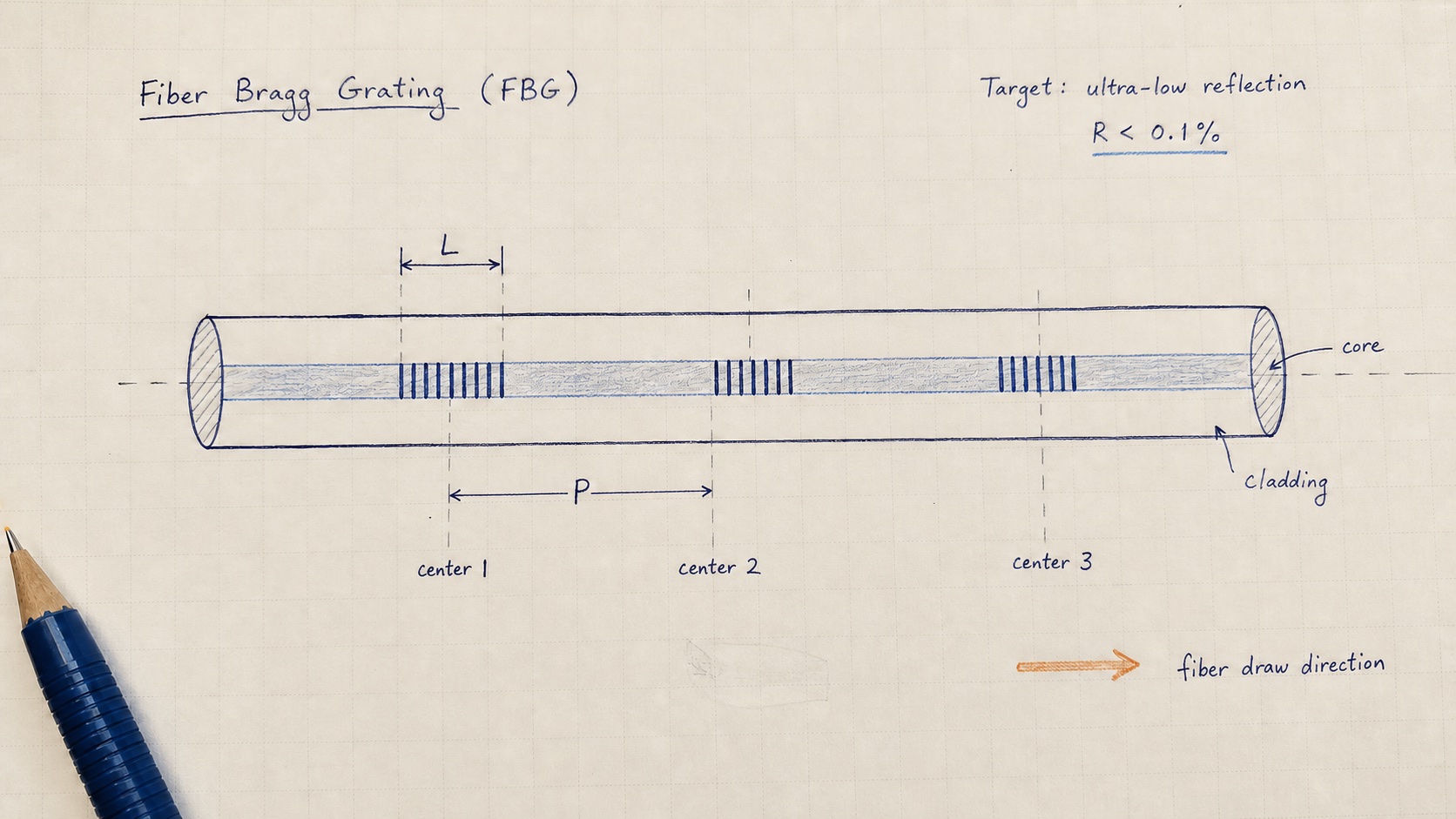 Engineer hand-drawn sketch showing UW-FBG grating length, adjacent grating pitch and fiber core structure