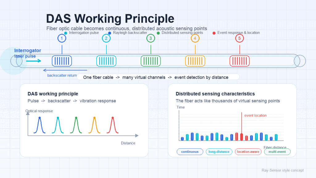 DAS working principle diagram showing distributed fiber optic sensing